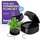 BURST Refillable Dental Floss Dispenser Set - Mint Eucalyptus Scent - Charcoal Coated, Expanding Floss - Stain-Absorbing, Wov