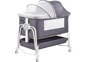 suihuooo 4 in 1 Baby Bassinet Bedside Sleeper, Rocking Baby Crib with Lockable Wheels, Storage, Mosquito Net and Matress Included, 7 Level Adjustable Bedside Bassinet for Baby Newborn(Gray)