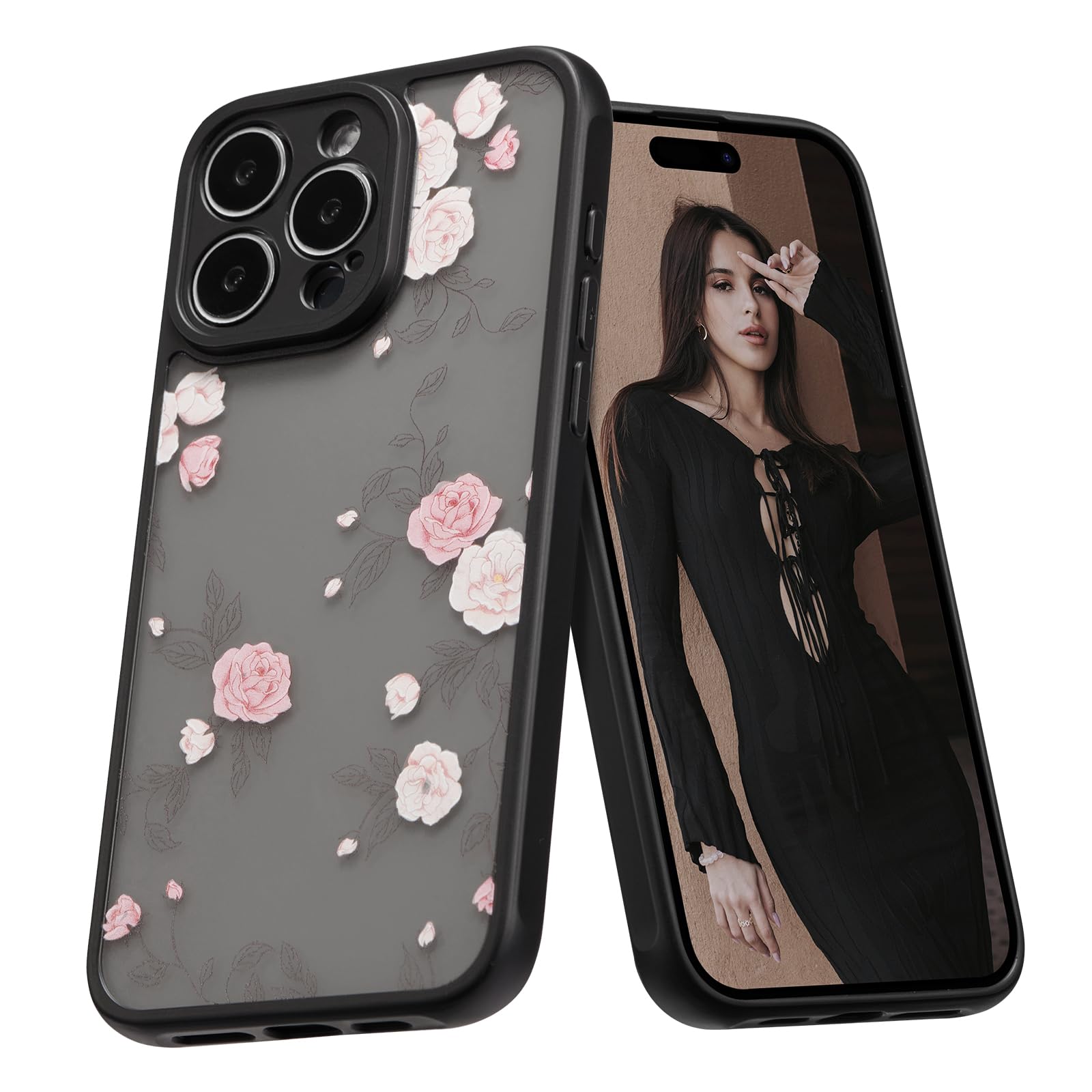 XIZYO Rose Flower Case for iPhone 15 Pro Max 6.7 Inch, Cute Frosted Translucent Rose Floral Pattern Aesthetic Phone Case, for Girls Women Luxury Soft TPU Slim Shockproof Protective Cover, Pink