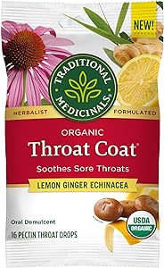 Traditional Medicinals Lozenges, Organic Throat Coat Lemon Ginger Echinacea, Sore Throat Support, 16 Individually Wrapped Loz