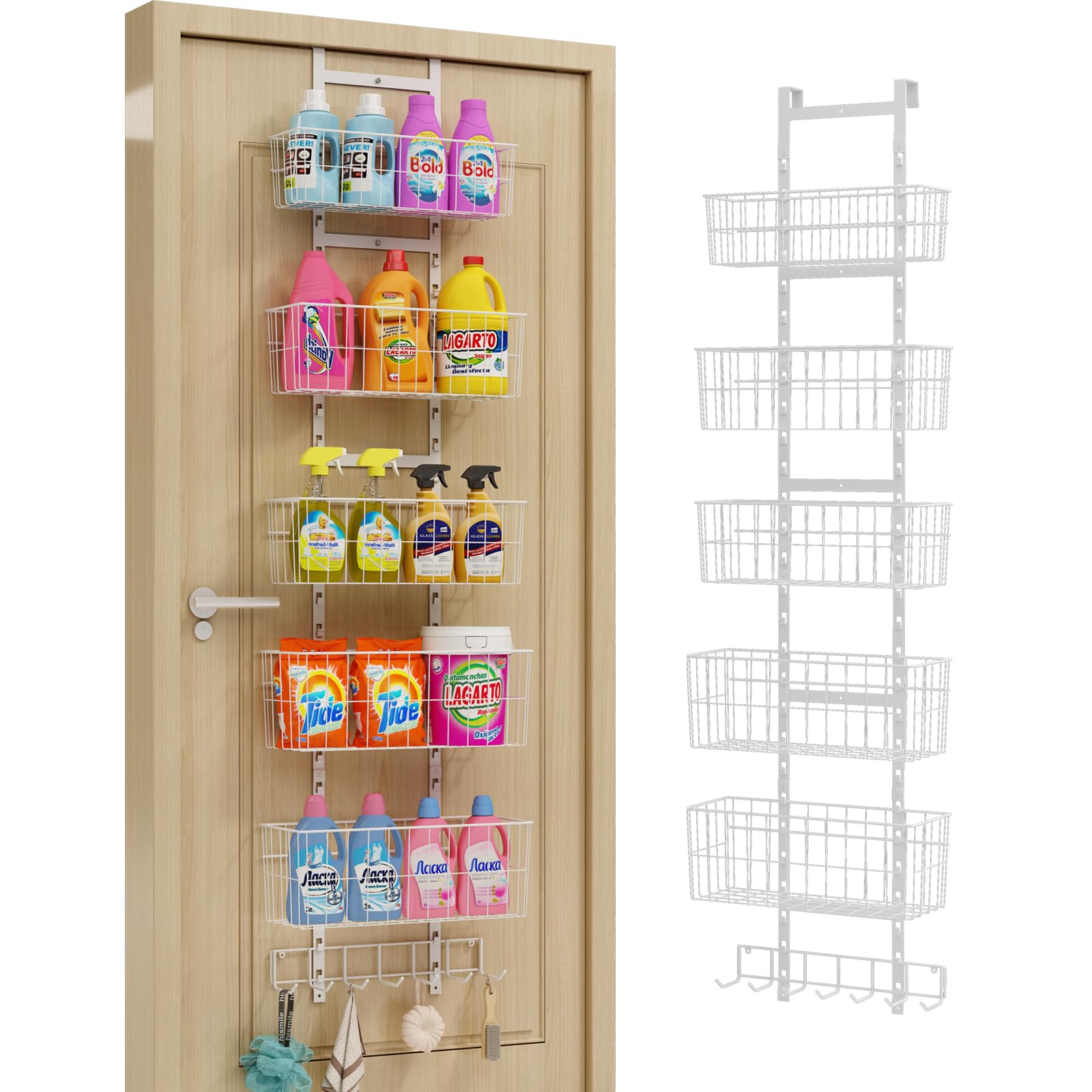 Hongtamoya Adjustable Over The Door Organizer, Metal Hanging Door Organizer with 5 Wire Basket 7 Hooks, Wall Mounted Shelf for Pantry Closet Organization and Storage, White