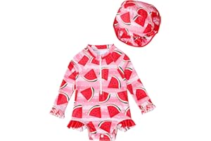 puseky Baby Girls One Piece Swimsuit Zip Rash Guard with Hat Set Swimwear Ruffled Cute Newborn Baby Girl Bathing Suit