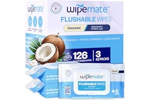 Wipemate Ultra Flushable Butt Wipes, Soothing Vitamin E & Aloe, 99% Water, Coconut Scent Premium Super Soft Hygiene Wipes, Septic & Sewer Safe, 3 Premium Flip-Top Packs, 42 Wipes Per Pack (126) Ct