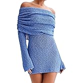 Suillty Women's Sexy Off Shoulder Knit Sweater Mini Dress Long Sleeve Mesh Sheer Bodycon Dresses for Party Club