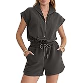 Btaiuo Rompers for Womens Summer Short Sleeve Half Zip Lapel Collar Drawstring Waist One Piece Jumpsuit Outfits with Pockets