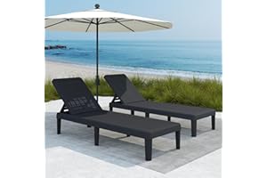 NBYSGO Outdoor Chaise Loungers Set of 2, 5-Position Adjustable Tanning Chairs with Wood Texture, All-Weather Resin Patio Recliners for Pool, Garden, Deck, Beach,Lounge Chairs Rattan Black