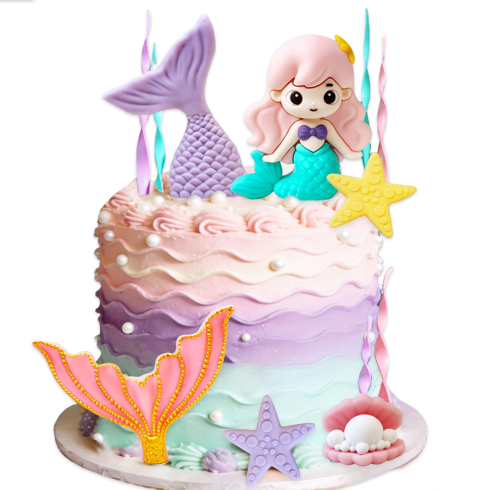 LaVenty Mermaid Tail Cake Topper Under the Sea Cake Decoration Seashell Cake Topper Mermaid Tail Cake Topper Mermaid Party Supplies