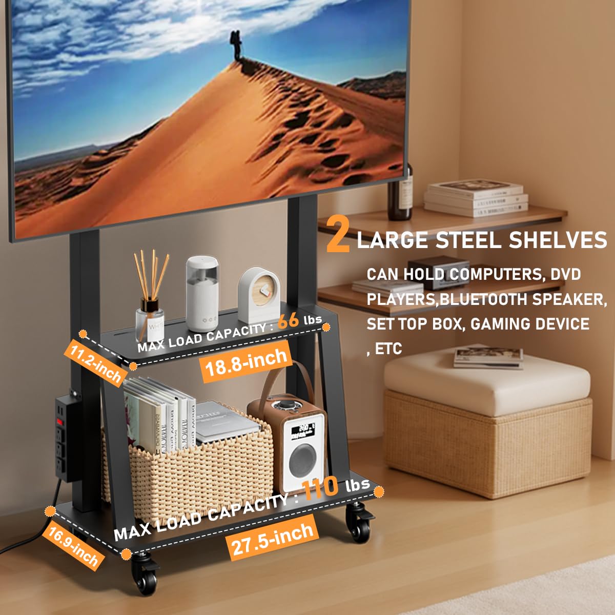 Mobile TV Stand with Power Outlet, Portable TV Stand on Wheels for 32 to 65 70 75 83 inch TV, Height Adjustable,Holds up to 130LBS, Vesa 600×400mm.