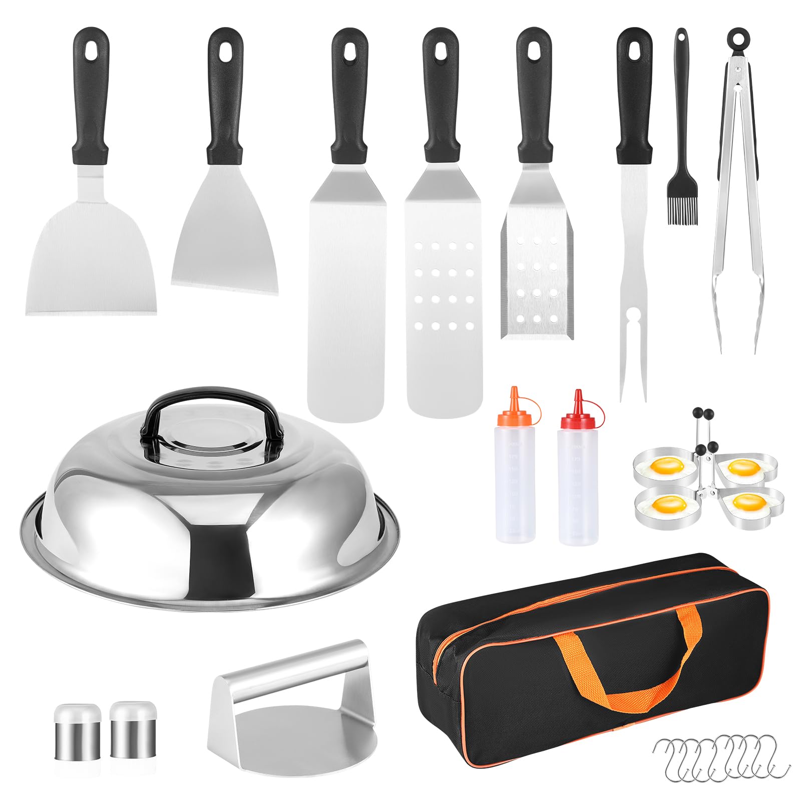 Hamburger Press Machine, 29Pcs Burger Smasher Press Set 304 Stainless Steel Burger Spatula Griddle Accessories With Cheese Melting Dome BBQ Tool