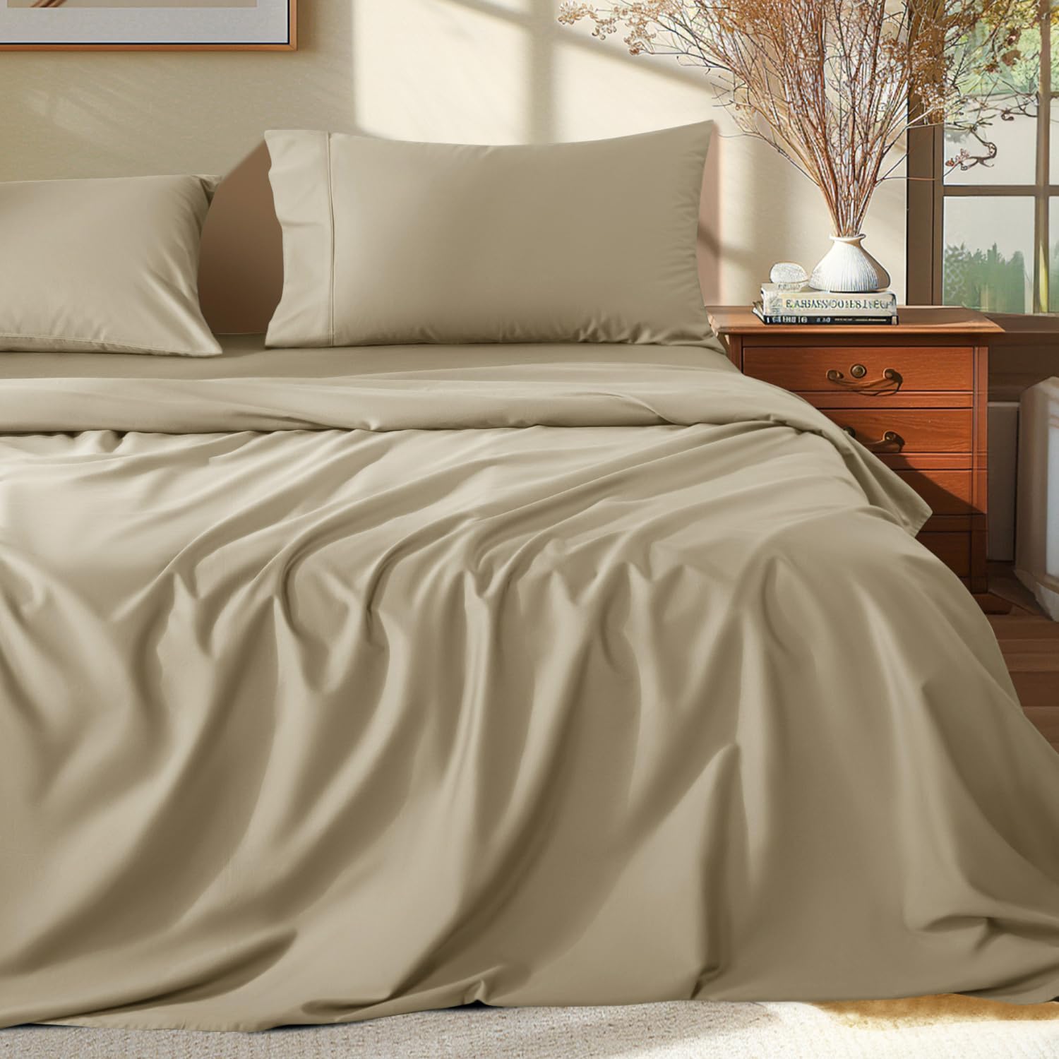 Photo 1 of Shilucheng 100% Egyptian Cotton Queen Size Sheets Set - 1000 Thread Count?Luxury Cotton Bed Sheets?Breathable & Cooling Bedding and Pillow Cases, 16 Inch Deep Pocket - 4 Piece (Linen, Queen)