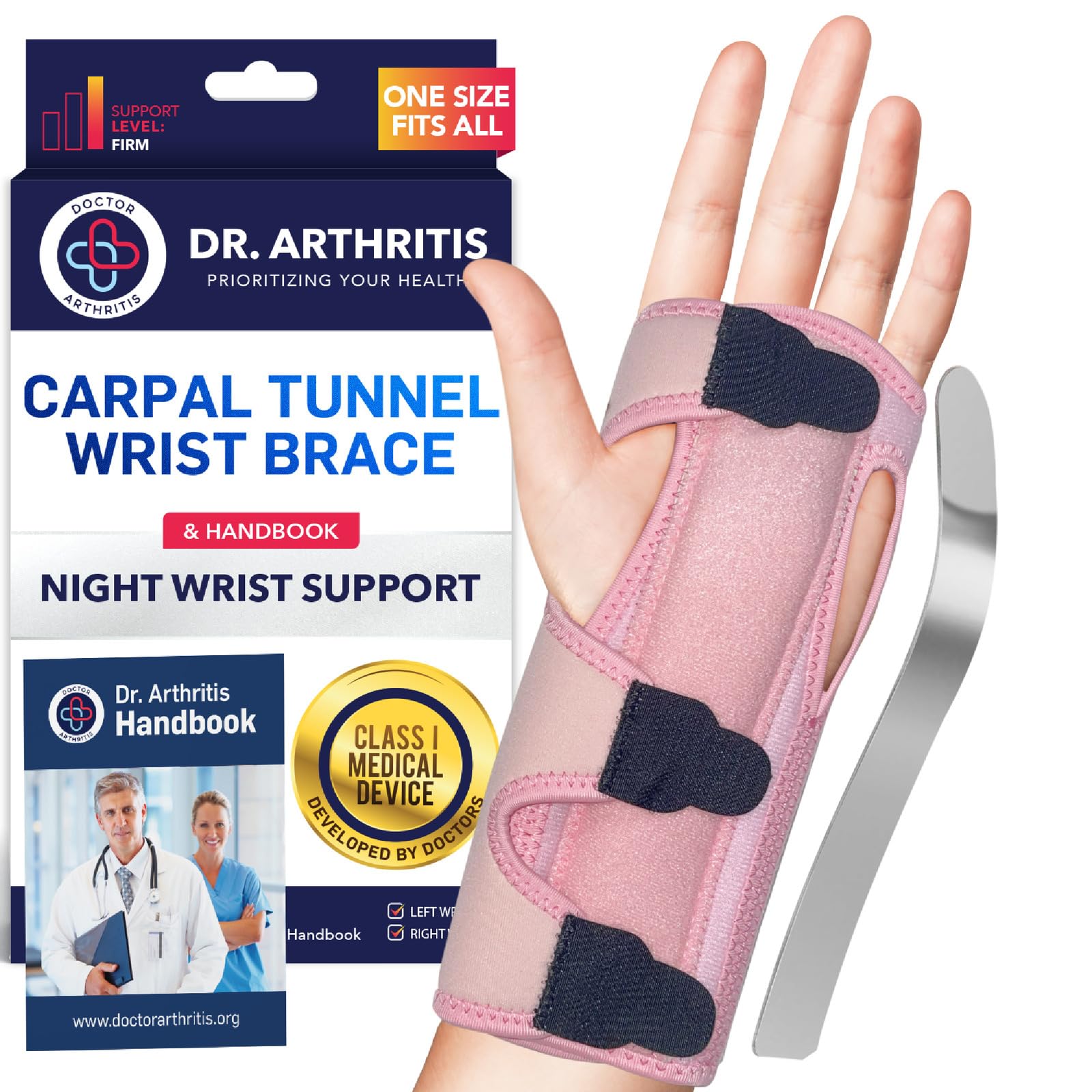 Dr.Arthritis Doctor Developed Premium Wrist Splint & Doctor Handbook-(Single/Pink)