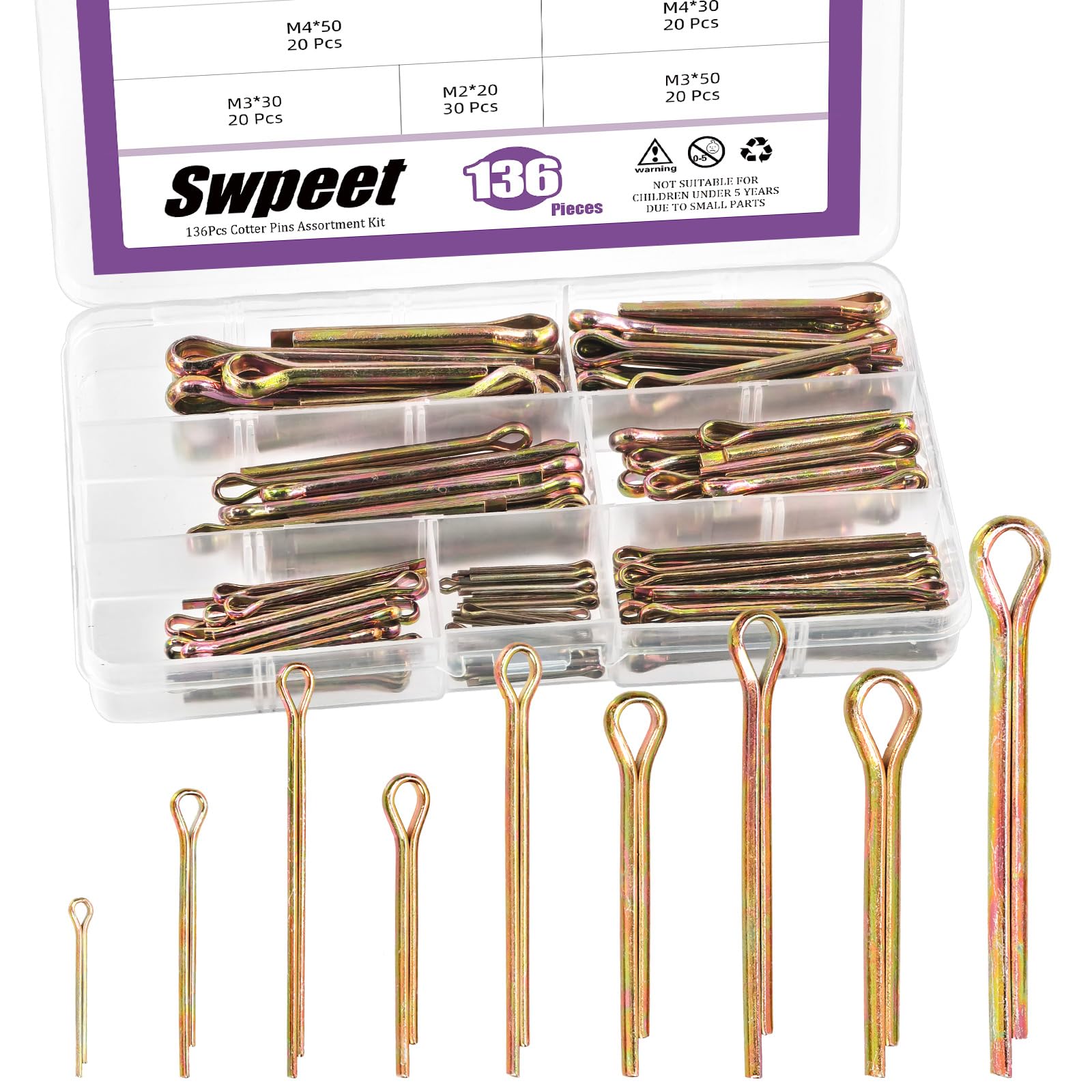 Swpeet 136Pcs 9 Size M2 M3 M4 M5 M6 Colored Zinc Plated Cotter Pin Assortment Kit, Straight Pins Hair Pin Hitch Pin Split Pin Holds Pins R Clips Fastener Clips for Lock System