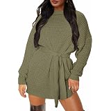 R.Vivimos Women's Knitted Bodycon Dress – Long Sleeve, Tie Waist, Cotton Blend Fall Winter Dress - View #2
