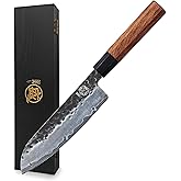 MITSUMOTO SAKARI Santoku Chef Knife 7 inch - Hand Forged Japanese Kitchen Knives, 3-Layer 9CR18MOV High Carbon Steel, Rosewood Handle & Sandalwood Box