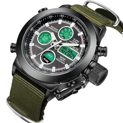 Watch, Big Face Sports Watch for Men, Waterproof Military Multifunction LED Date Chronograph Green Canvas Band Mens Watch
