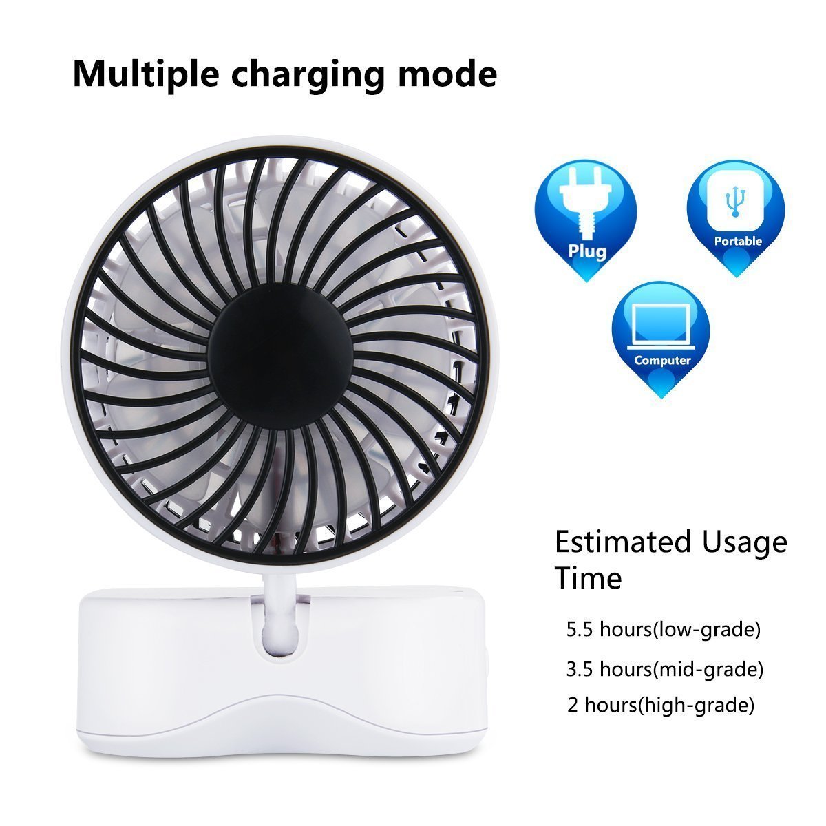 DinoPure Quiet Couples Mini Fan Portable Dual Head USB Rechargeable Foldable 180 Degree Rotation Desktop 3 Adjustable Speed Small Fan with LED Light (white)
