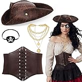 Maiteenly 4 Pcs Pirate Costume Accessories Set for Women Pirate Tricorn Hat Corset Belt Necklace Eyepatch Female Cosplay