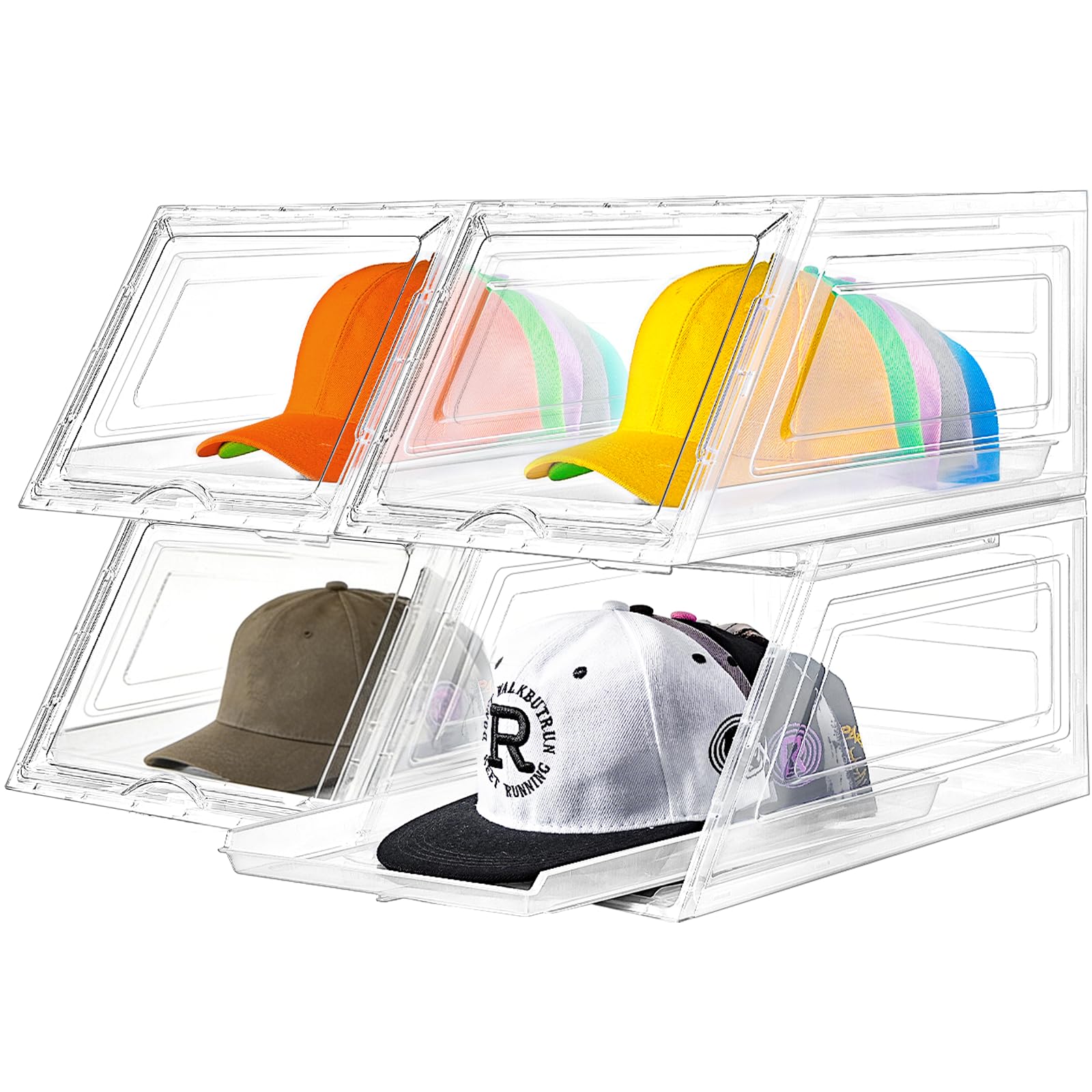 4 Pack Hat Organizer for Baseball Caps,Large Clear Cap Organizer with Drawer,Hats Holder Box for Closet with Sliding Tray,Stackable Hat Rack Display Case,Multi-use Hat Case for Caps,Each Holds 12 Hats