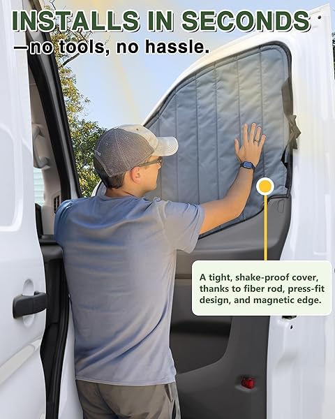 VANHOXCCI INSULATED BLACKOUT VAN WINDOW COVERS FIT FOR FORD TRANSIT 150 250 350 HIGH/MEDIUM ROOF 2015-2025, MAGNETIC VAN FRONT DOOR SIDE WINDOW SHADES (PAIR) – GRAY