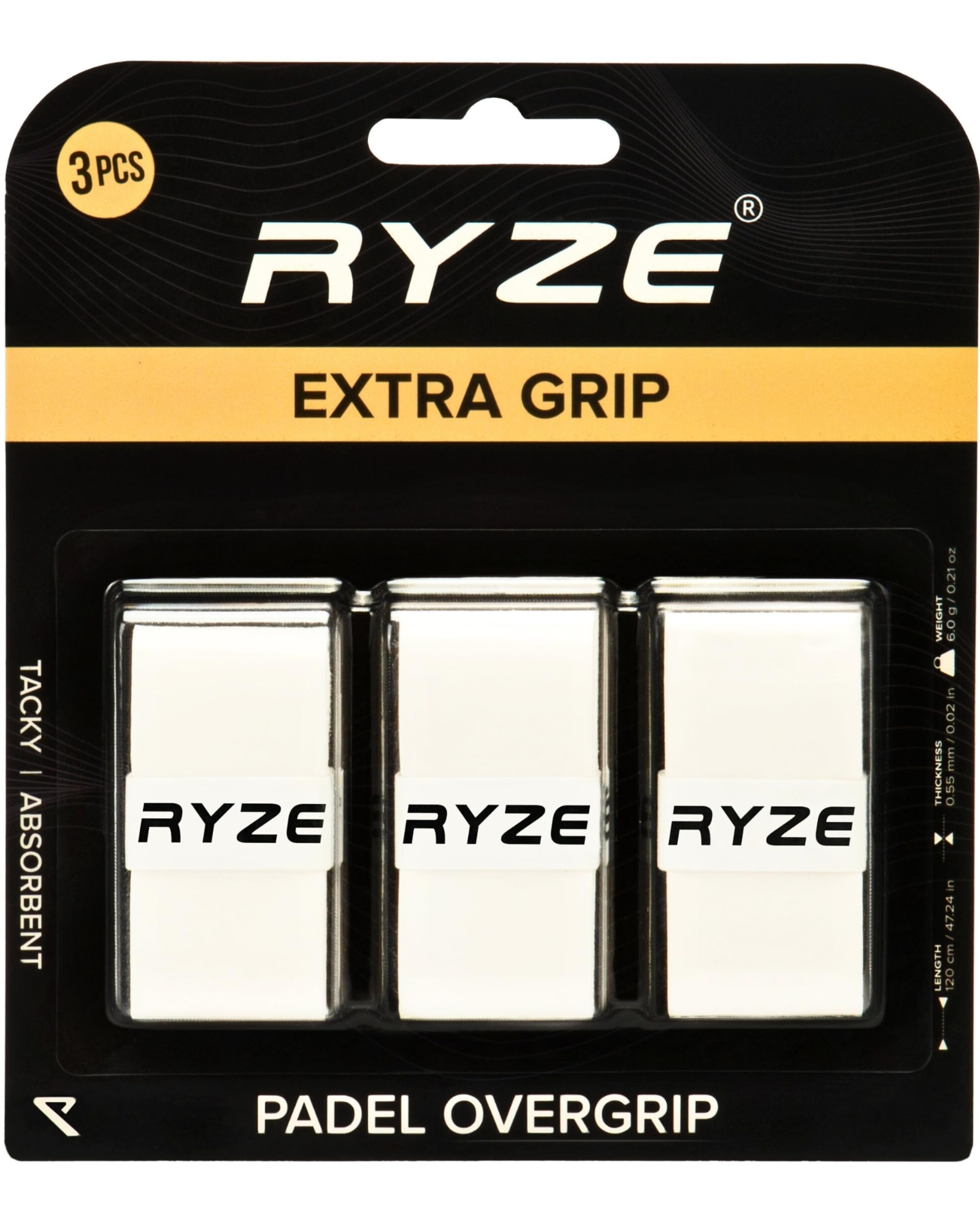 RYZE Padel Overgrip White - Extra Comfort and Grip - Non-slip Padel Racket Grip - Ultra Absorbent Sweat - Anti-Vibrating Padel Grip - Designed for Padel Tennis Rackets - 120 cm