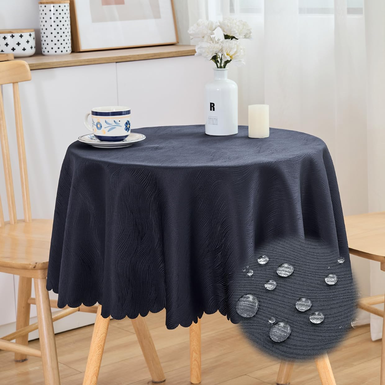 SPRICA Round Jacquard Tablecloth 120cm Water Resistance Solid Colour Table Cover, Water Ripples Pattern Design, Machine Washable, Diameter 120cm, Dark Grey