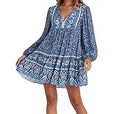 R.Vivimos Women's Cotton Long Sleeve Floral Print Ruffled Hem Casual Boho Flowy Tunic Dress