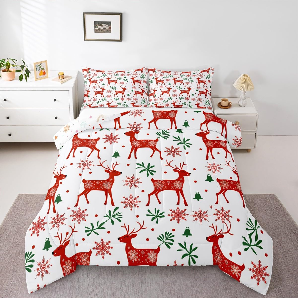 Photo 1 of ***UNKNOWN SIZE*** Feelyou Xmas Deer Elk Decor Bedding Set Soft for Boys Girls, Merry Christmas Comforter Set Full Size Snowflake Duvet Quilt Microfiber Bedroom Decor 3 Pcs with 2 Pillow Cases