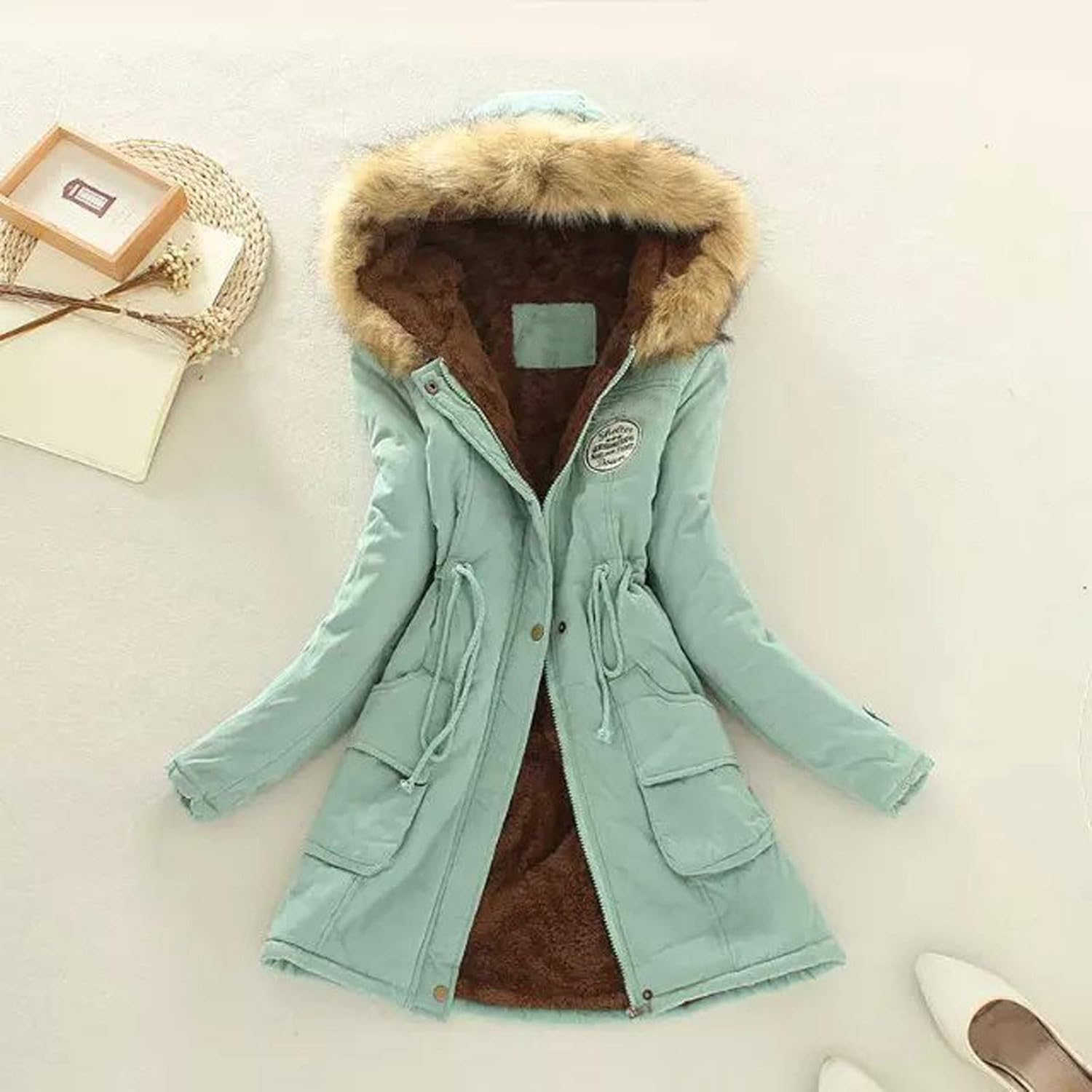 Qinnyo Jacket Winter Coats for Women Hooded Warm Winter Parka Thicken Fleece Lined Parkas Long Coats with Fur Trim: Clothing