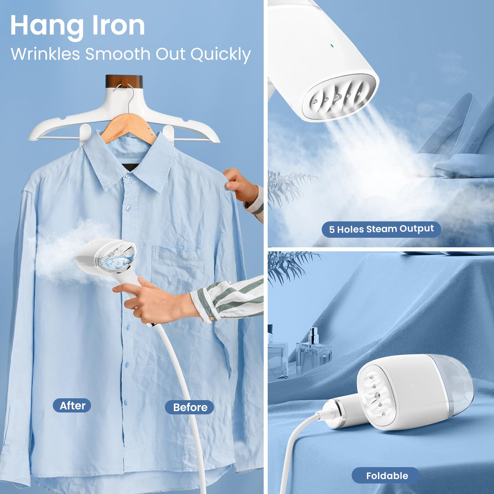 Travel Steamer for Clothes Portable Mini - 1000W Clothes Steamer Handheld Foldable, Fast Head-up Fabric Garment Steamer Removes Wrinkles, 120V Iron Steamer with Brush & Measure Cup for Home (Grey)