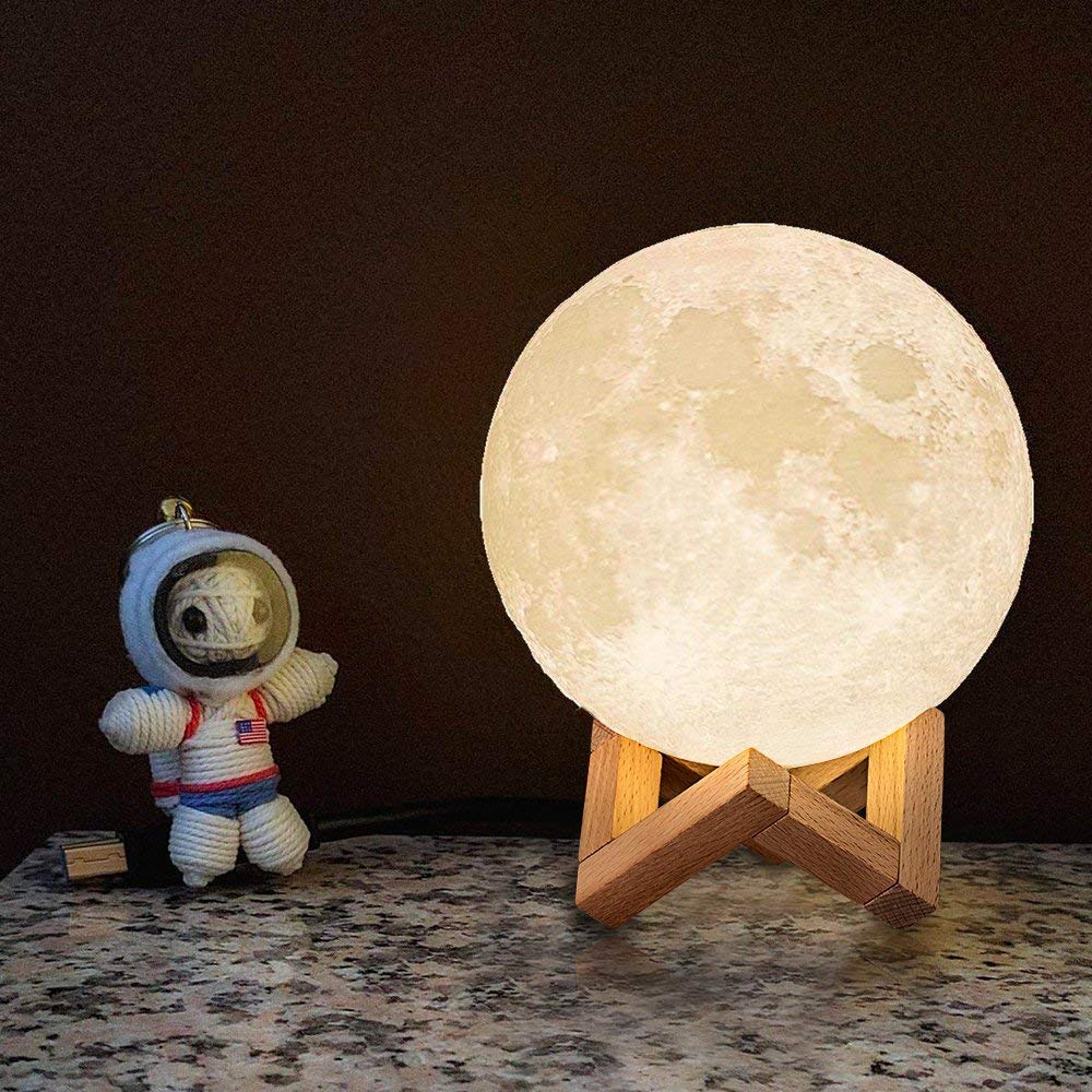Vinmax Light LED 3D Printing Moon Lamp, Night Warm and Cool White Dimmable Touch Control Brightness with USB Charging, Home Decorative Light with Wooden Base
