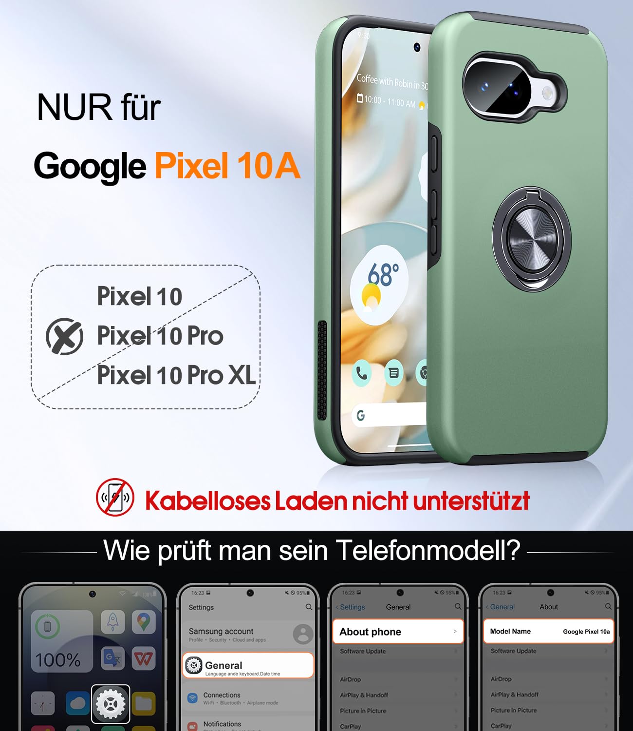 AOUIA Handyhülle für Google Pixel 10a Hülle mit 2 Stück Schutzfolie, Militärischer Schutz Stoßfest Pixel 10a Hülle mit 360° Drehbarem Ring Kickstand, Alpengrün 2