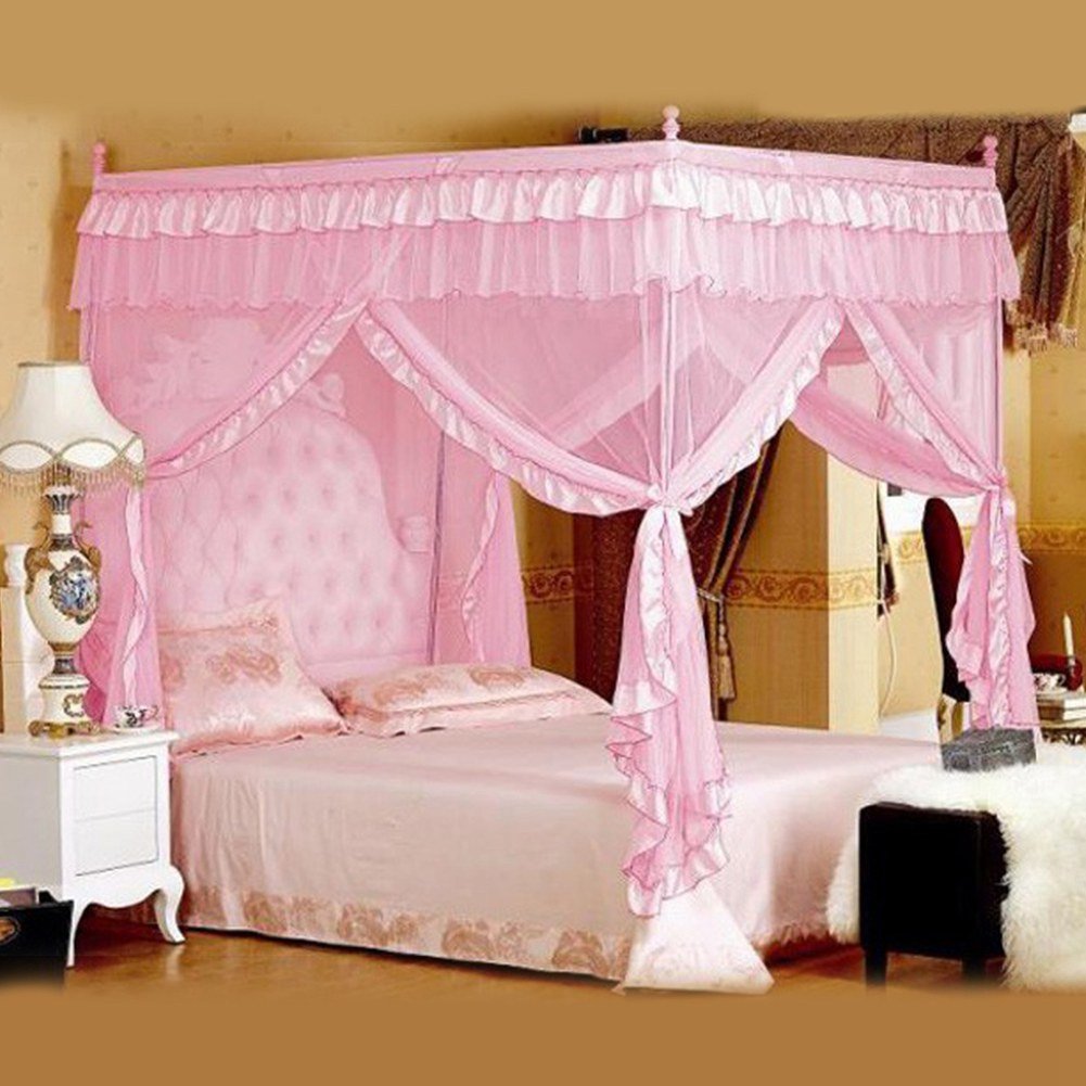 Wifehelper Luxury Princess Four Corner Post Bed Curtain Canopy Netting Mosquito Net Bedding Decoration (No Bracket)(1.5 x 2M / 4.9 x 6.6ft-Pink)