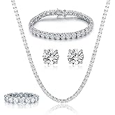Gemsme 18K White Gold Plated Tennis Necklace/Bracelet/Earrings/Band Ring Sets Hypoallergenic Jewelry Pack of 4