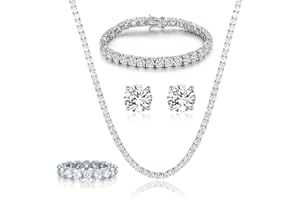Gemsme 18K White Gold Plated Tennis Necklace/Bracelet/Earrings/Band Ring Sets Hypoallergenic Jewelry Pack of 4