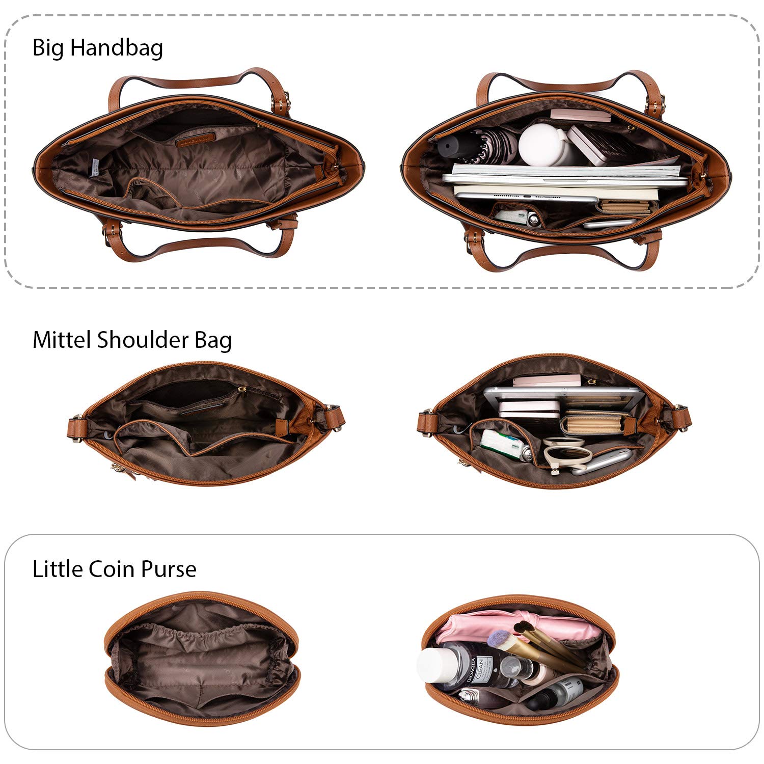 LOVEVOOK Handtaschen Damen Set, Tasche für Damen Umhängetasche Schultertasche Geldbörse Clutches Shopper Henkeltasche Tote Bag Tasche 3PCS PU Leder Braun