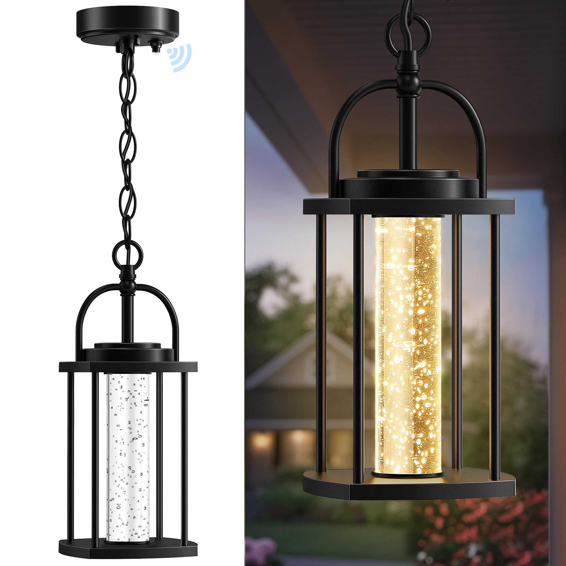 Photo 1 of APOTO Outdoor Pendant Light, 14'' LED Dusk to Dawn Outdoor Chandelier, Black Aluminum Outside Exterior Hanging Light Fixture Ceiling Mount with Crystal Bubble Glass for Porch Patio Entryway, 1 Pack