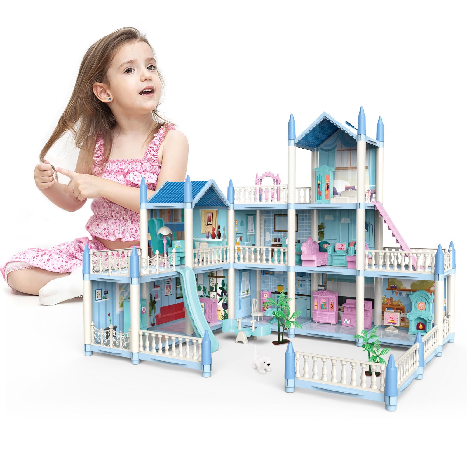 deAO DIY 3D Dolls House, Blue Portable Dollhouse Large Three Story Castle Dolls House Playset With Furniture & Accessories Included Outdoor Space Open Sided Princess Castle Playset For Kids