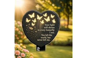 Memorial Garden Stake - Heart-Shaped Rock with Butterfly, Poem & Floral Design | Waterproof Acrylic Grave Marker for Garden, 