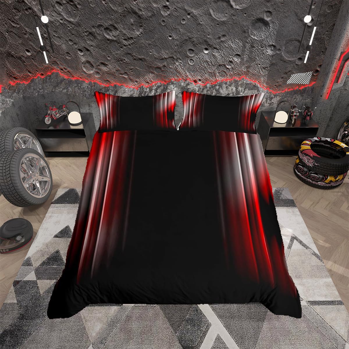 Geometric Abstract Ombre Bedding Set Men Adults Teens Grey White Red And Black Striped Duvet Cover Kids Boys Girls Simple Modern Comforter Cover Bedroom Collection 3Pcs Double Size Boys — image 1