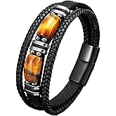 Awinrel Men Leather Cuff Bracelet Natural Tiger-eye Gemtone Beads Bracelets Braided Wristband
