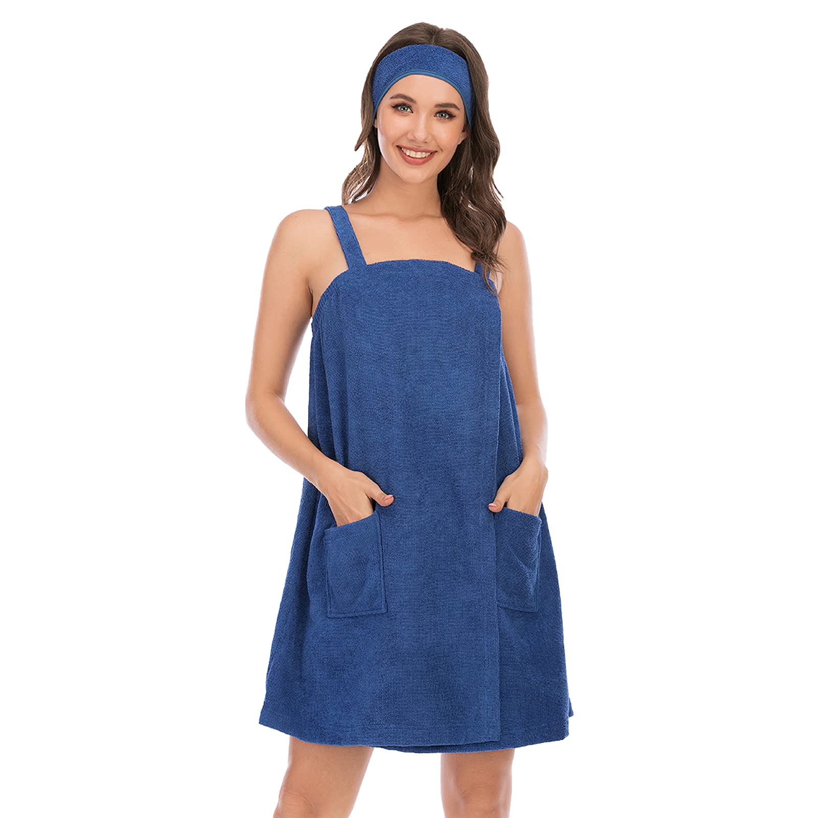Jamron Womens Adjustable Towel Wraps Bathrobe With Headband for Gym Shower Spa & Beach Cover Ups Navy Blue L