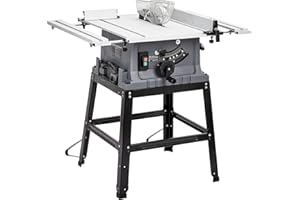 CHEINAUTO Table Saw, 10 Inch 15A Multifunctional Jobside Table Saw with Stand & Push Stick, 90° Cross Cut & 0-45° Bevel Cut, 5000RPM, Adjustable Blade Height for Woodworking