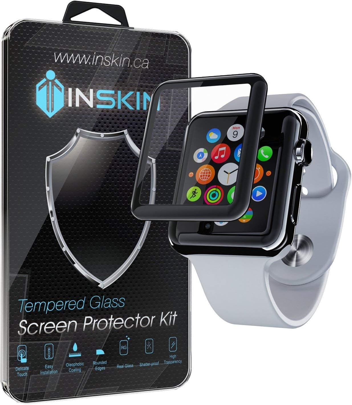 Inskin 3D Full Glue Acrylic Glass (PMMA) Screen Protector with Shock-Proof TPU Edge, fits Apple Watch 38mm [Series 3, 2, 1]. Black. 1-Pack.