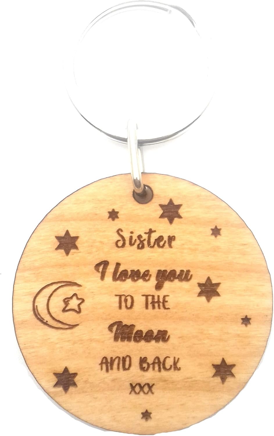 Sister I Love You to The Moon and Back Wooden Wood Keyring Key Ring Novelty Keepsake Gifts Idea for Her, Brown
