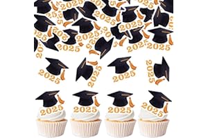 Fyeoxle 42pcs Edible Graduation Cap Cupcake Toppers Wafer Paper Gold Class of 2025 Cake Decorations Edible Grad Cap Cupcake Picks for 2025 Graduation Theme Party Cake Decor Supplies