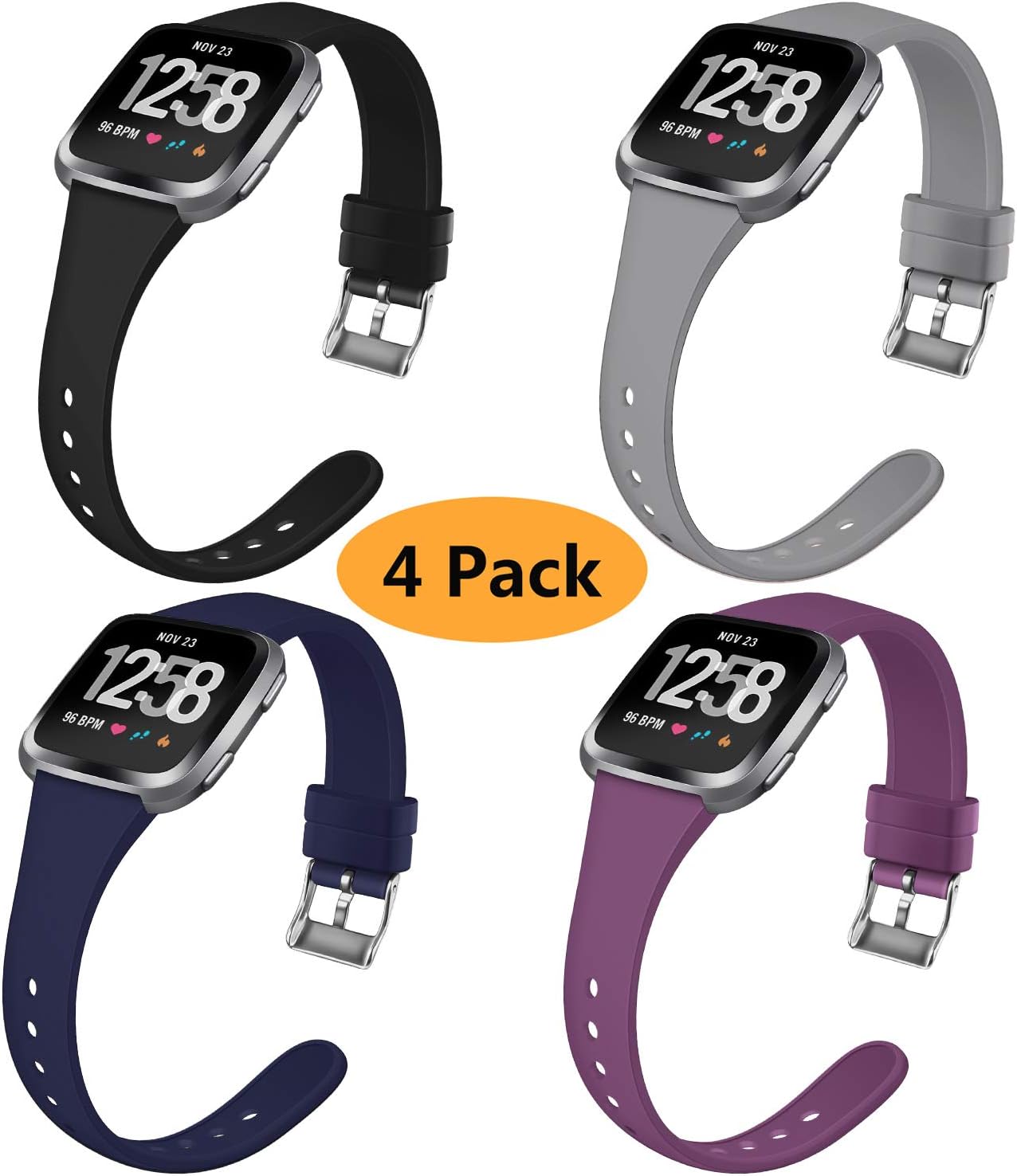 Coperr 4 Packs Bands Compatible with Fitbit Versa/Fitbit Versa 2/Fitbit Versa Lite for Women Men, Narrow Slim Soft Silicone Replacement Wristband for Fitbit Versa Smart Watch with Buckle Design