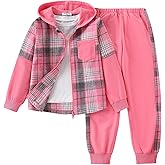 EDFTM 2Pcs Girls Clothes Zip Up Plaid Flannel Hoodie Shirts and Jogger Sweatpants for Kids Fall Winter Spring Outfits