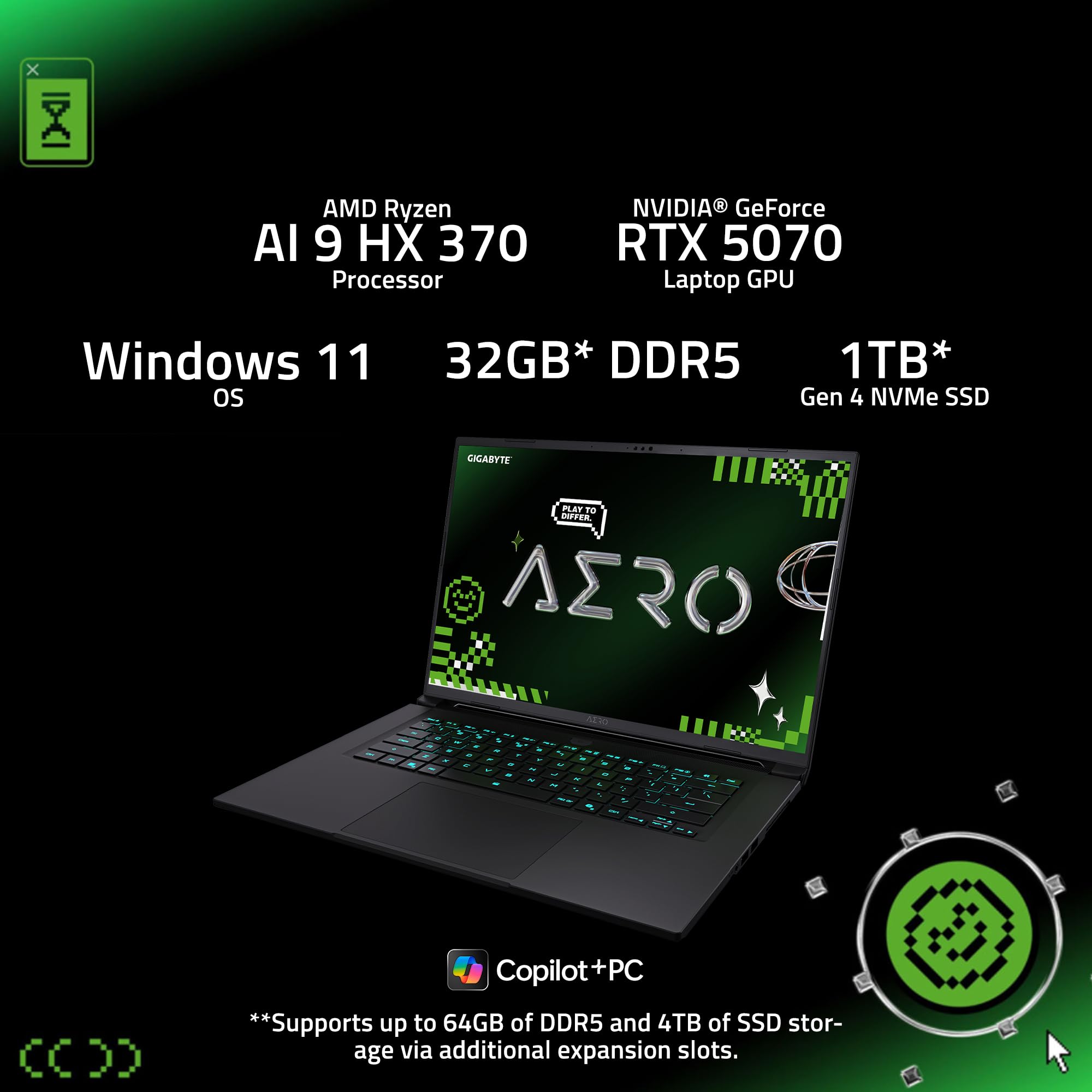 GIGABYTE AERO X16; Copilot+ PC - 165Hz 2560x1600 WQXGA - NVIDIA GeForce RTX 5070 - AMD Ryzen AI 9 HX 370-1TB SSD with 32GB DDR5 RAM - Windows 11 Home - Space Gray (GIGABYTE AERO X16 2WHA3USC64AH)