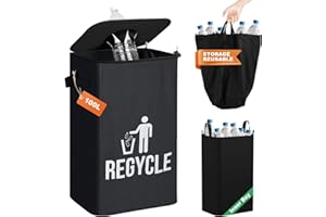 ATPWONZ 26 Gallon Recycling Bin for Kitchen, 100L Recycling Bin with Lid, Indoor Bottle Recycle Bin with Handle, Side Pocket and 2 Reusable Inner Bag, Large Recycle Trash Can for Bottles Can Glass Plastics