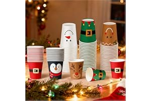 LINHAXM 60 Christmas Cups, Christmas Disposable Paper Cups, Santa, Elk, Snowman, Penguin, 9 oz Xmas Event Drinkware for Daily Use & Holiday Parties
